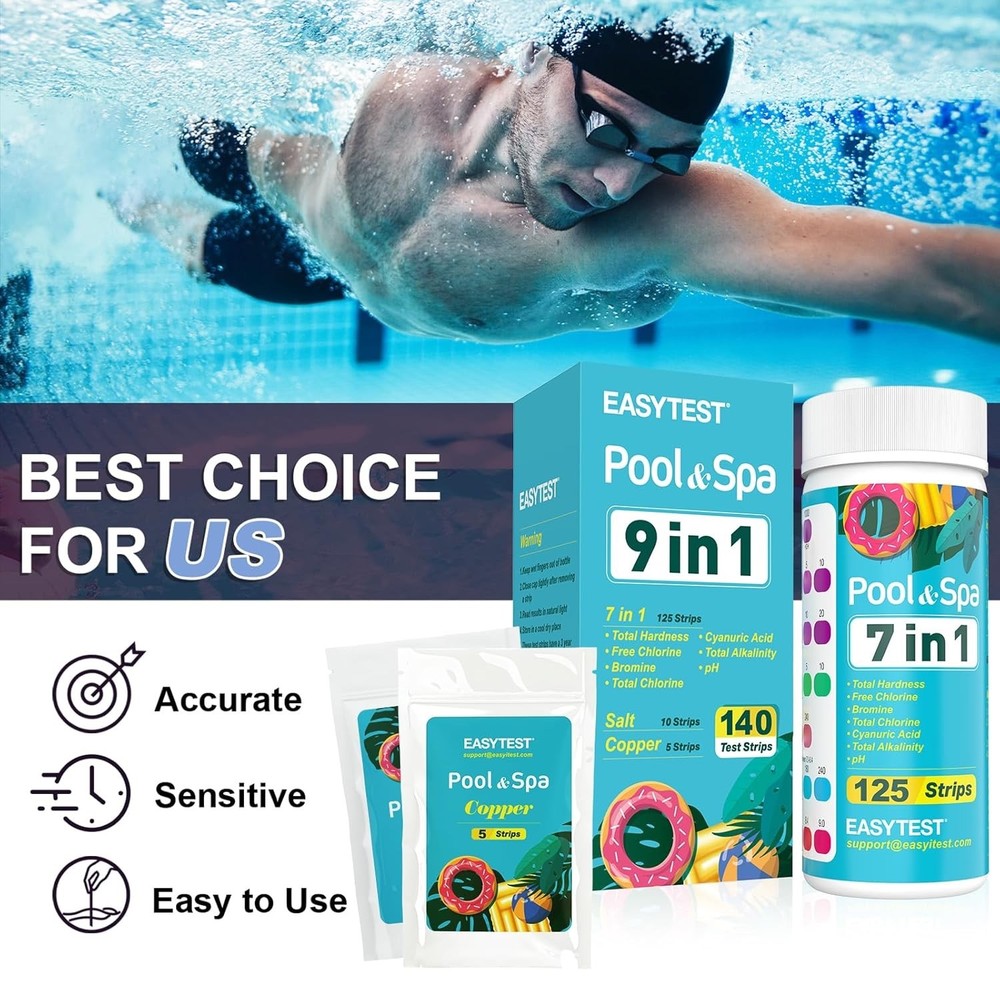 EASYTEST 9-Way Pool & Spa Test Strips 140ct pH Chlorine Alkalinity Salt