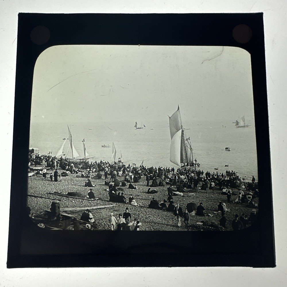 Antique Magic Lantern Slide very busy unknown beach seaside