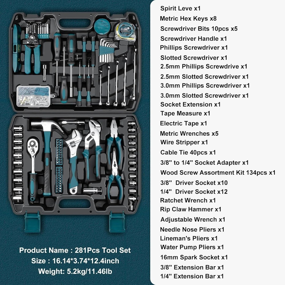 Sundpey Home Tool Kit 281-Pcs - Portable Complete Basic Repair General Hand Tool