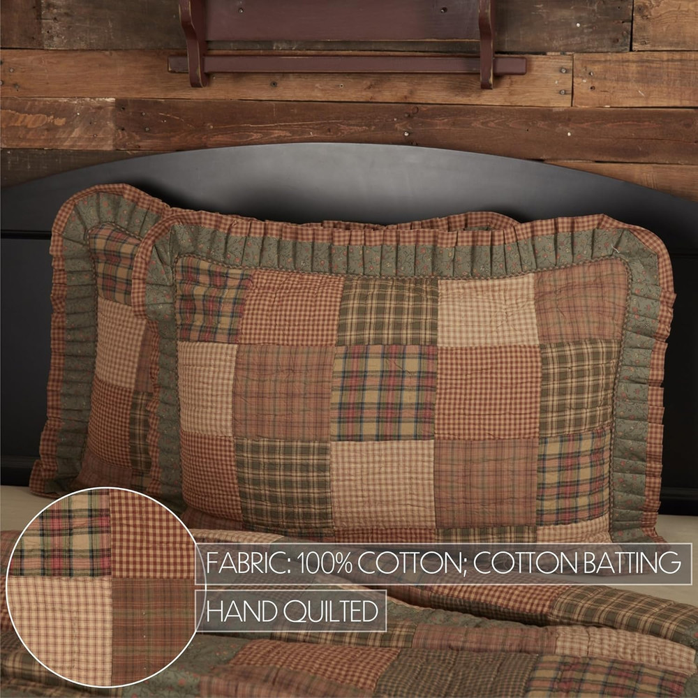Primitive Bedding Cinnamon Plaid Cotton Hand Quilted Patchwork Standard Sham, Da