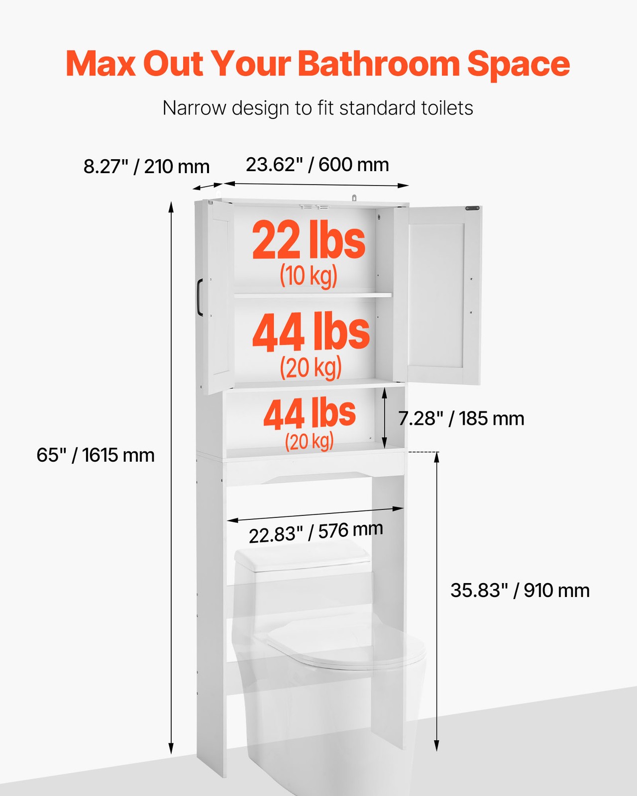 VEVOR Over The Toilet Storage Cabinet for Bathroom with Adjustable Shelf 65" H