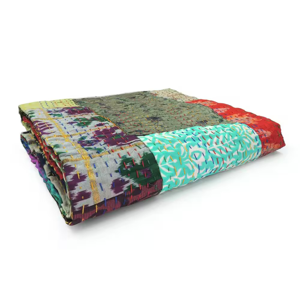 Faith Multicolored Patchwork Hand-Stitched All Natural Cotton Blend Throw Blanke