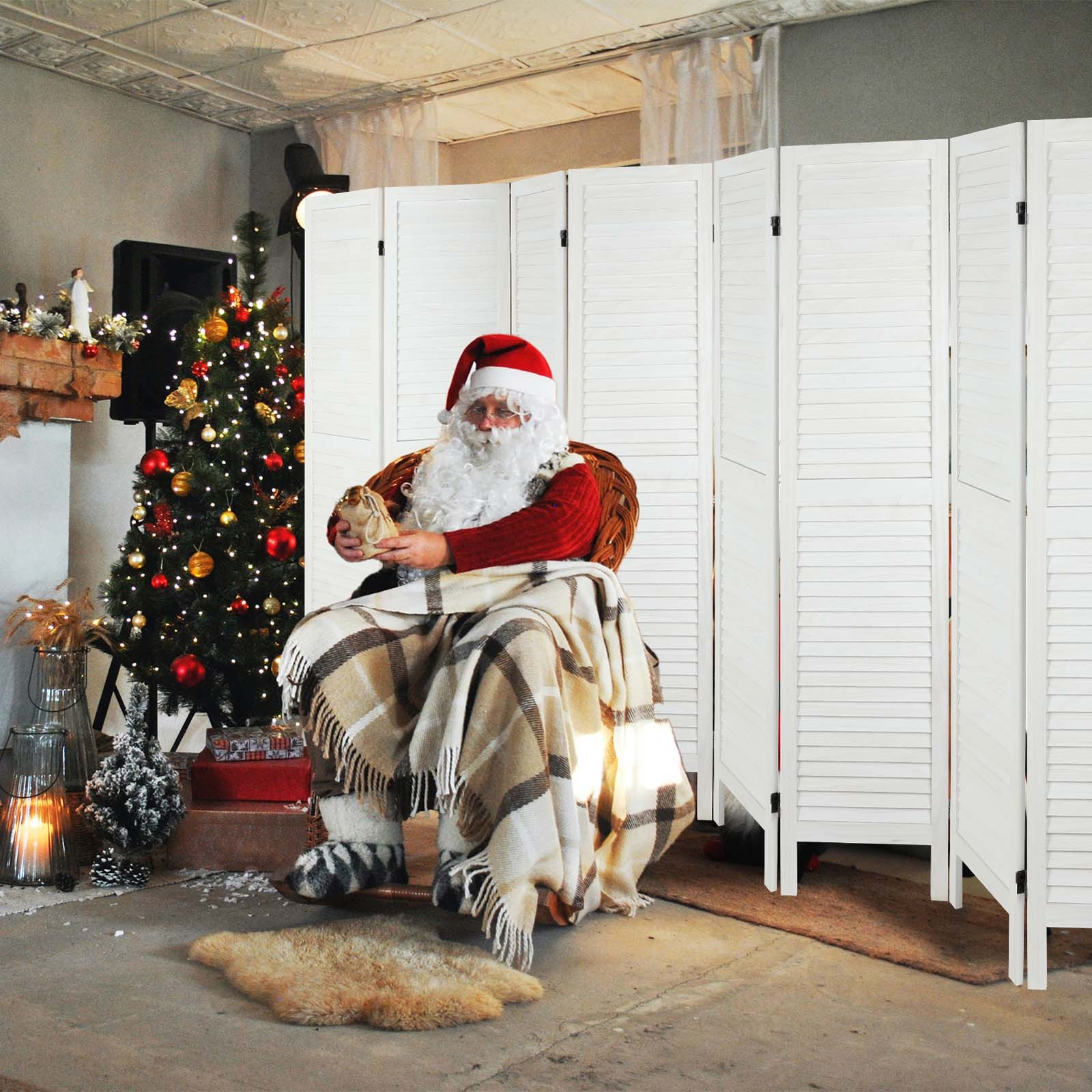 8 Panel Wood Room Divider Folding Privacy Screen Louvered Partition Wall White