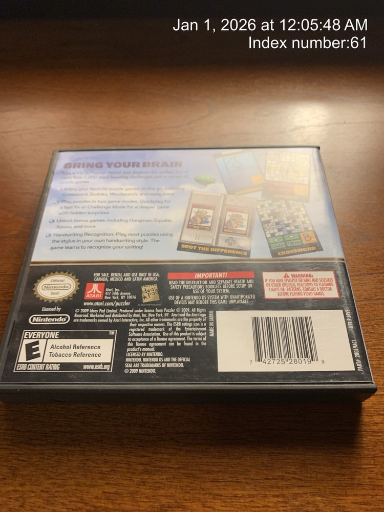 Puzzler World Atari (Nintendo DS) **** CASE ONLY **** Authentic USA / ***No Game