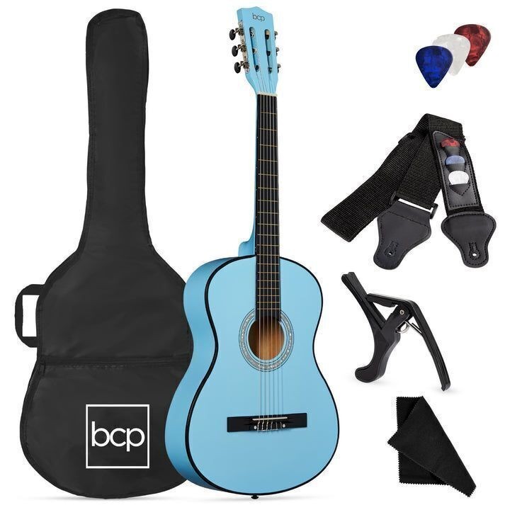 38in Beginner Acoustic Guitar Set, Light Blue, Case, Strap, Extra Strings, BCP