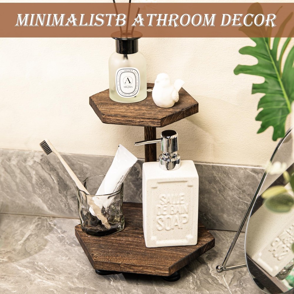 Hexagonal Wood Riser for Display, 2-Tier Rustic Wood Farmhouse Riser for Kitc...