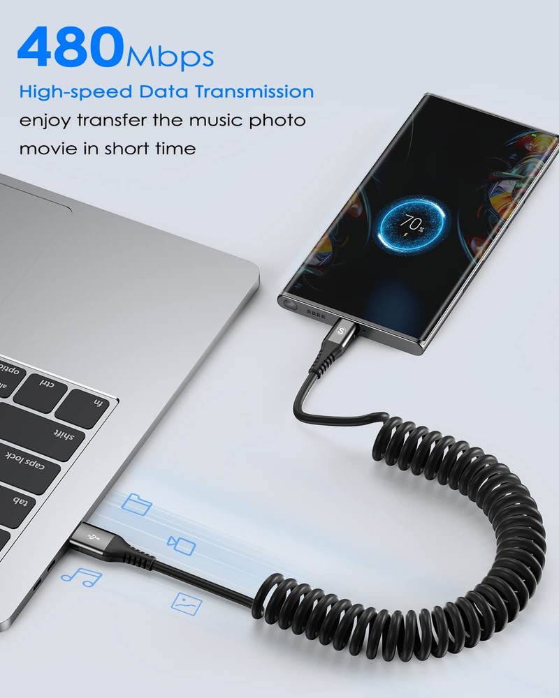 Coiled USB C Cable 2pack 3.3ft, A to C for 3.3ft+3.3ft, Black