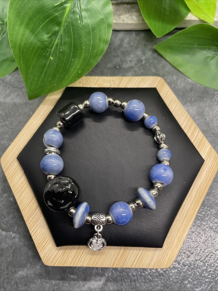 Handmade Ceramic Bead Beaded Stackable 6” Plus Stretch Bracelet New B303