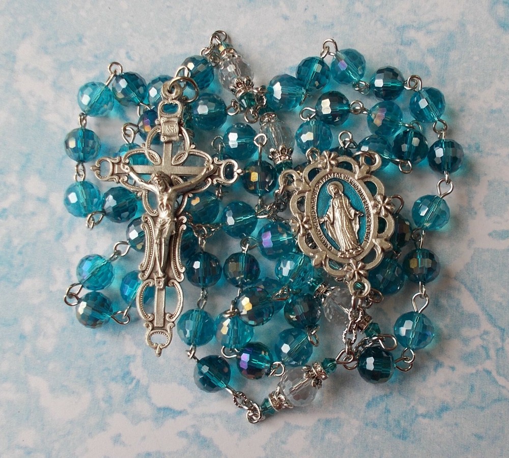 GORGEOUS two color blue Czech crystal rosary~Ornate crucifx~Italy~Handmade~