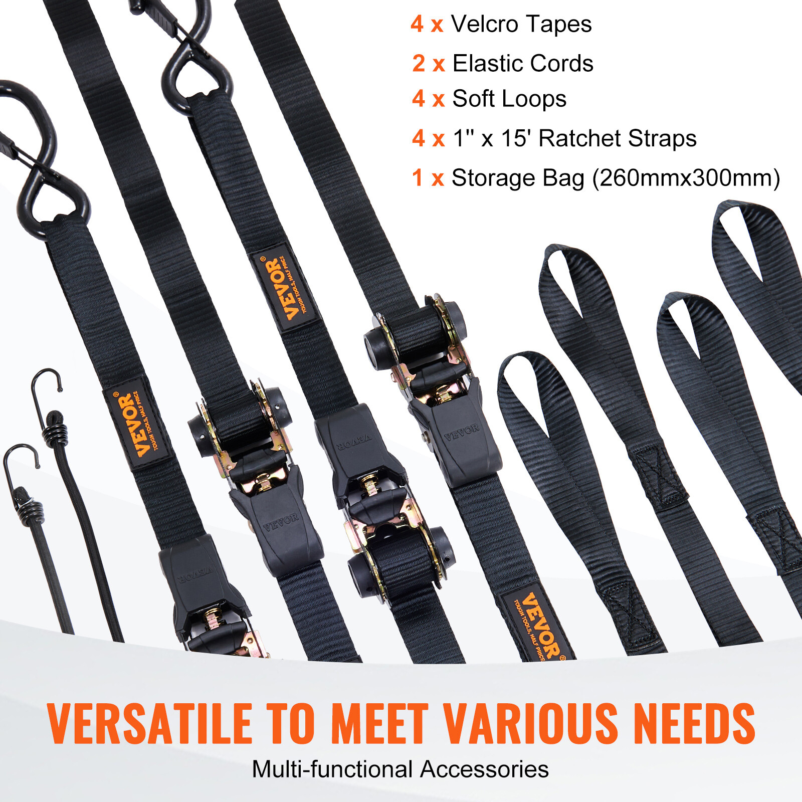 VEVOR 4 Pack 1"x 15' Ratchet Straps Tie Down Straps Heavy Duty w/ S-Hooks