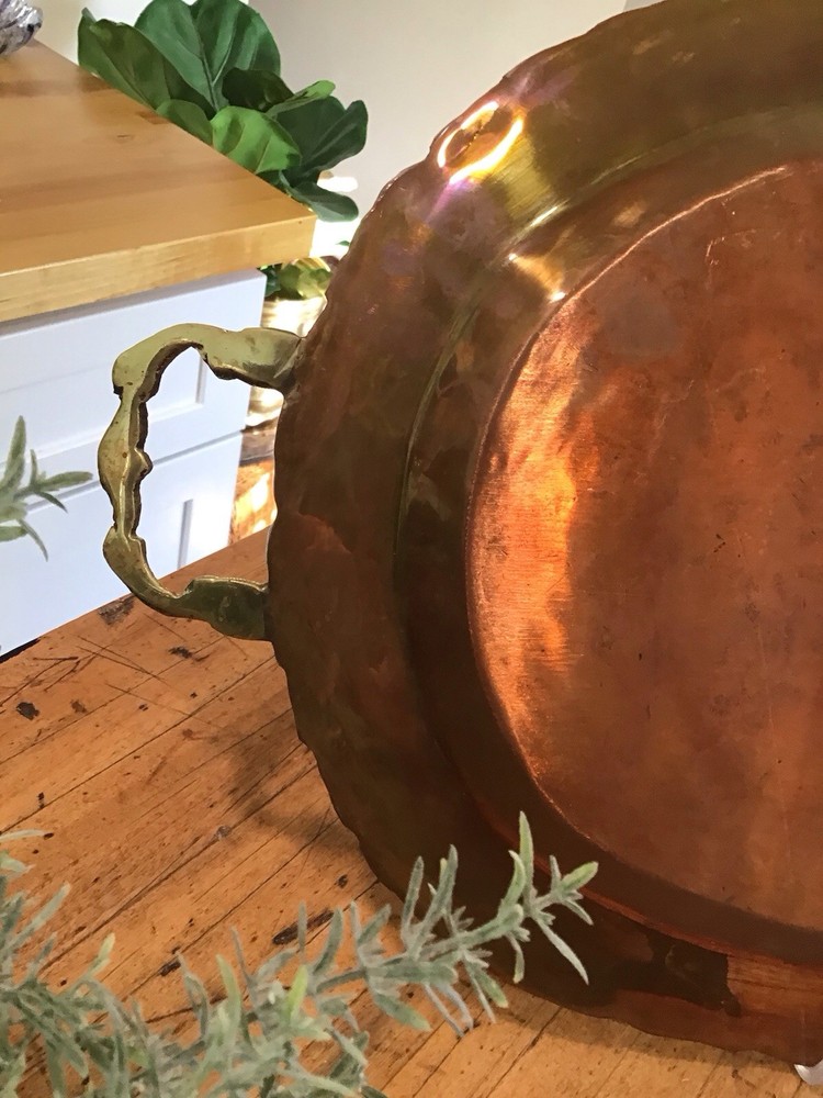 Antique Large Solid Copper Tray with Brass Handles Fall Decorating