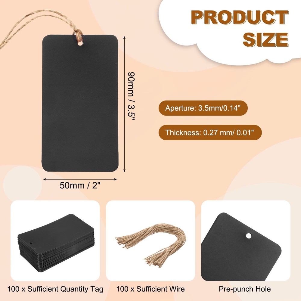 100Pcs Black Plastic Shipping Tags, 3.5" x 2" Labeling Tags with Thread & Wire