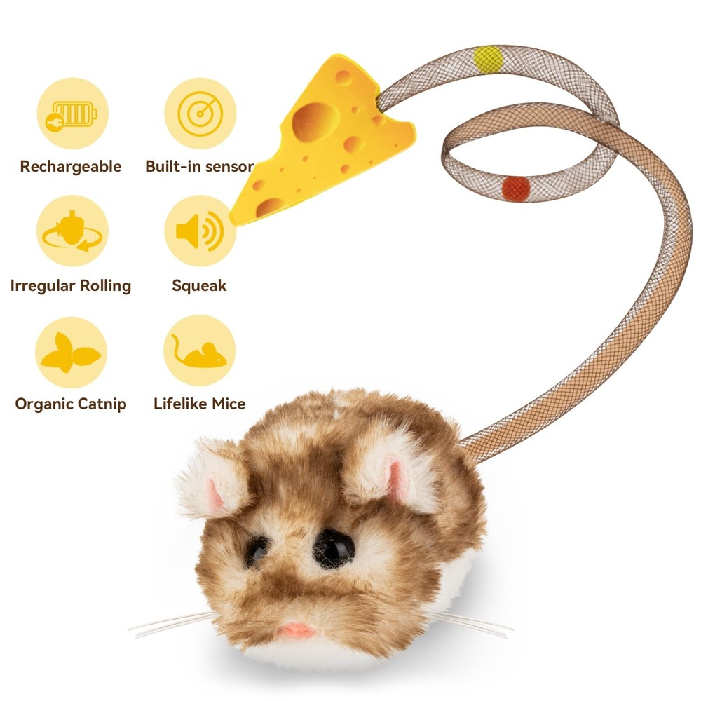 Interactive MigiMouse Cat Toy 360 Rolling Spin Smart Motion Sensor Brown Long