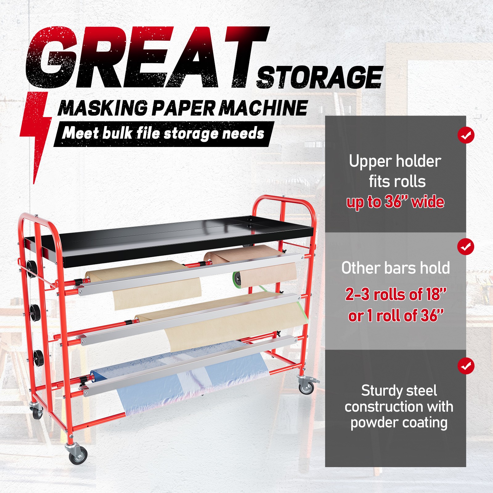 36" Automotive Masking Paper Machine Dispenser Top Tray Storage For Painting