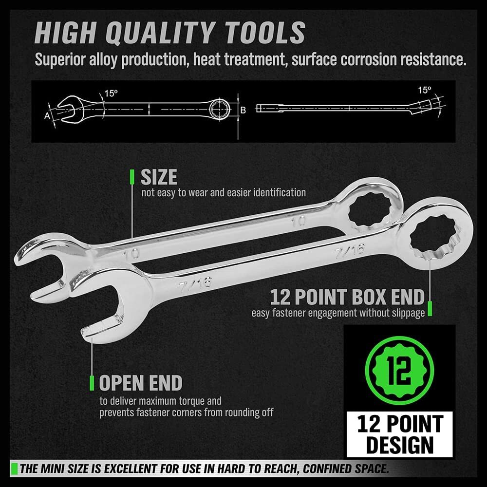 22 pc Mini Wrench Set Metric SAE Ignition Spanner Open End and Box End Standard