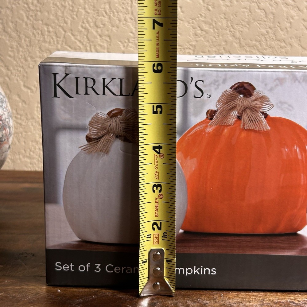 Kirkland’s Ceramic Pumpkin Set – Fall Decor – White, Orange, Plaid – Burlap Bows
