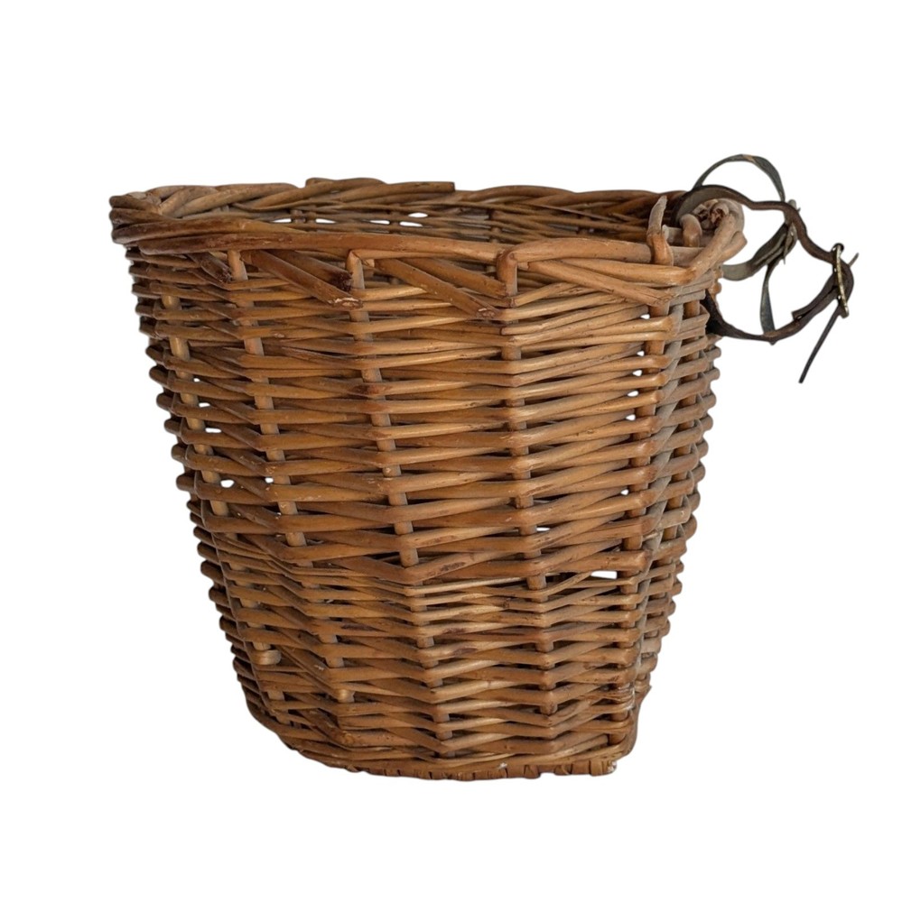Vintage 70's Wicker Bicycle Handlebar Basket Leather Straps Conical Shape