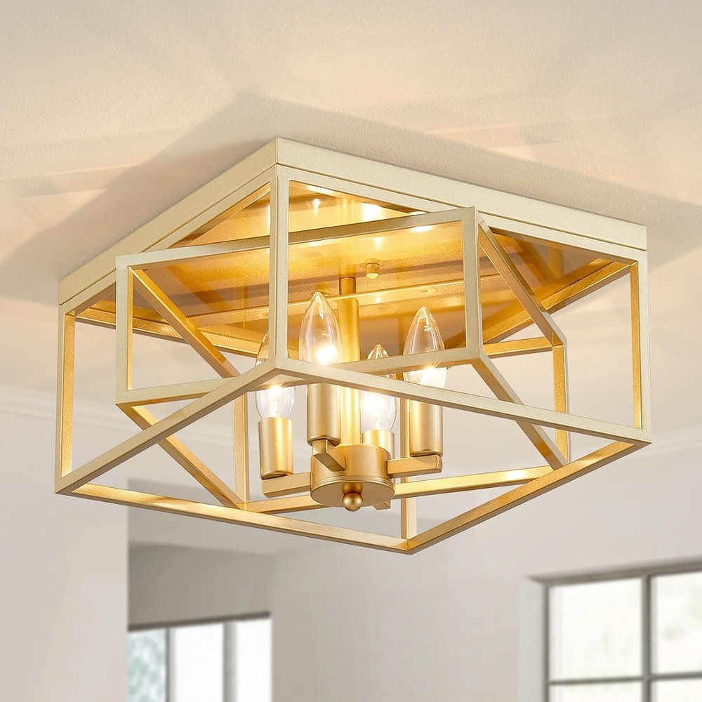 Square Ceiling Light, 4-Light Flushmount Modern Close to Ceiling Light Fixture