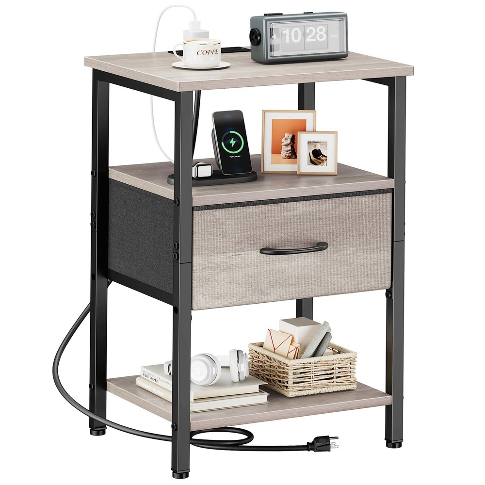 Nightstand with Charging Station, Side Table with Adjustable Drawer, End Tabl...