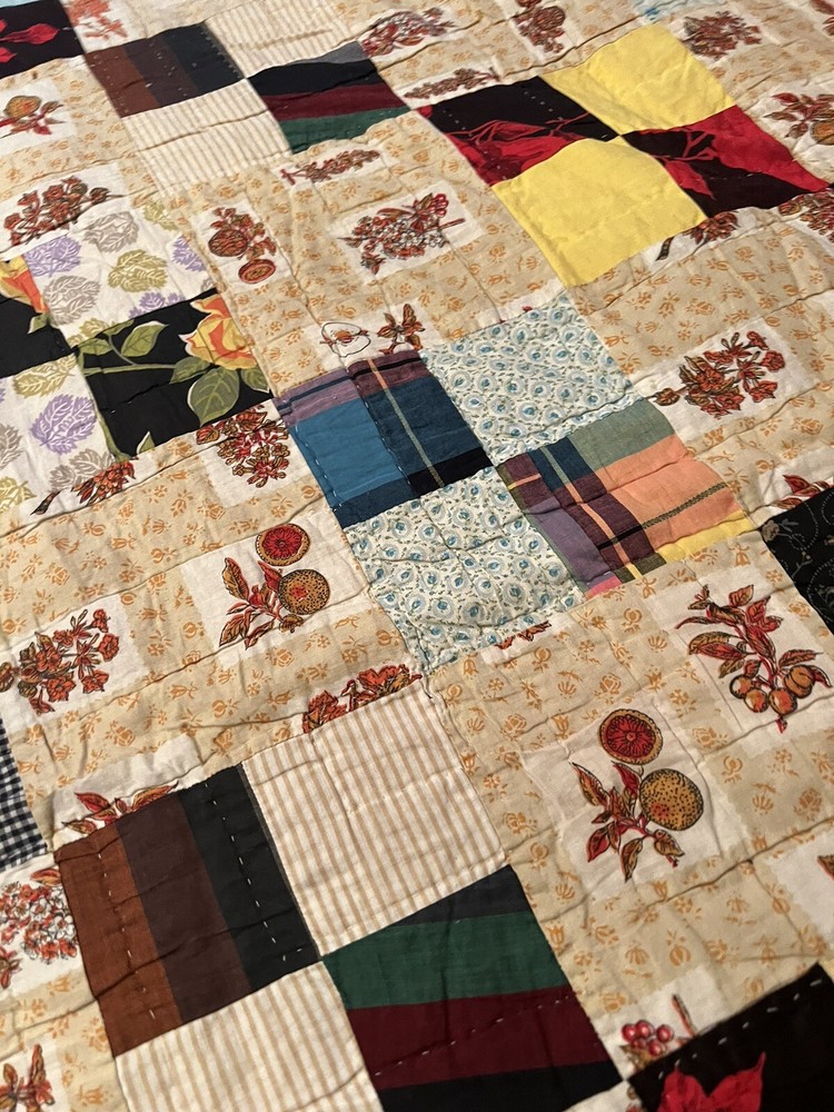 Vintage Handmade Cutter Quilt Small Blocks Patchwork 64” X 83” Tan Fruit READ
