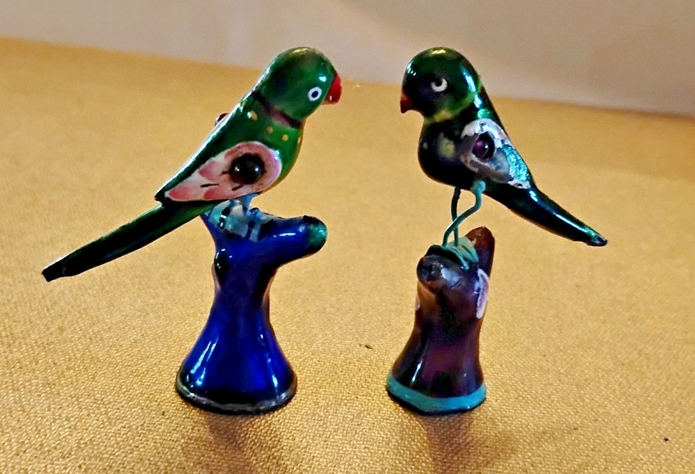 ENAMELLED  SILVER MINI PARROTS GREEN & COBALT  GEM ACCENT