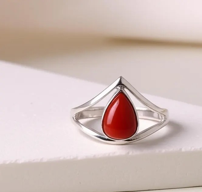 Solid 925 Sterling Silver Natural Red Coral Pear Shape Gemstone Handmade Ring