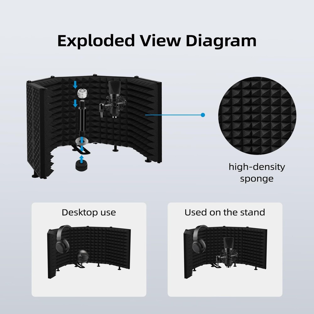 Microphone Isolation Shield – Foldable & Adjustable Soundproof Panel for Reco...