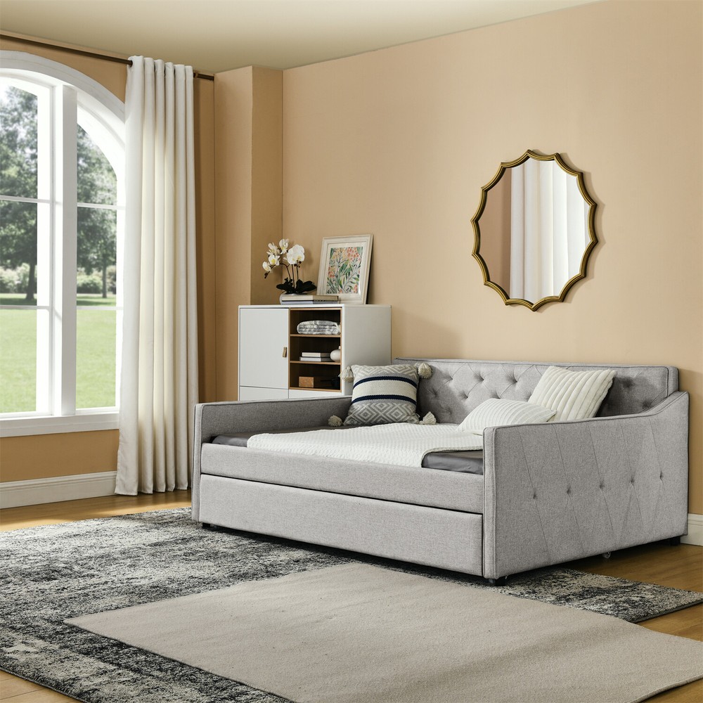 Full Size Daybed w/ Pull-Out Trundle Bed Linen Upholstered Bed Frame Sofa Bed US