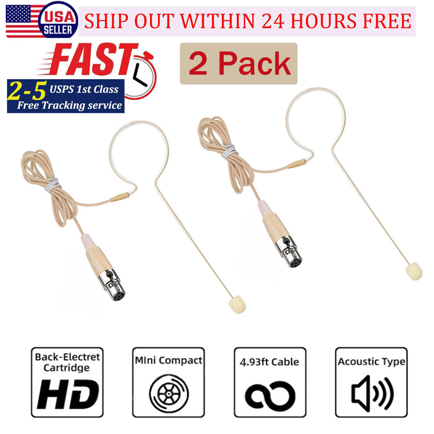 2x Beige Single Earhook Headset mini XLR Microphone for Shure Wireless-TA4F 4pin
