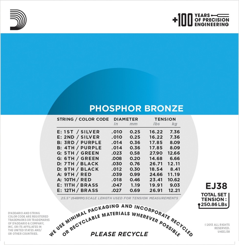 D'Addario EJ38 12-String Phosphor Bronze Light 10-47 Acoustic Guitar Strings