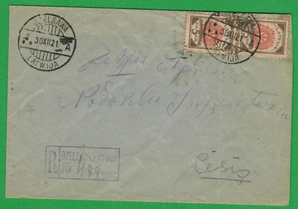 1921 LATVIA REGISTERED ENVELOPE, USED DCELSAWA TO ZEHSIS 5281