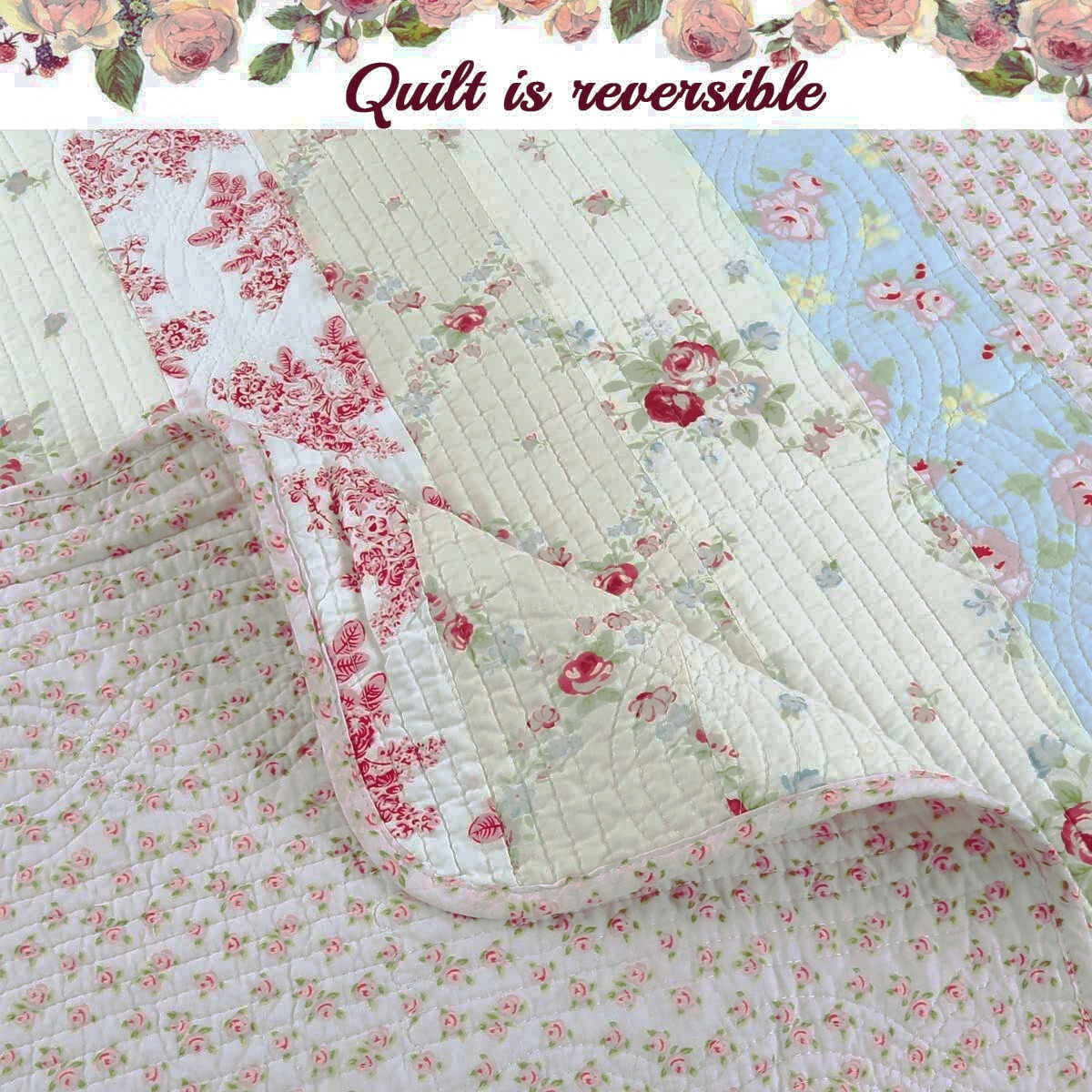 COZY COTTAGE WILD ROSE 3pc Queen QUILT SET : COTTON VINTAGE PINK GREEN BLUE