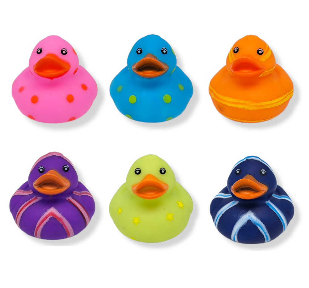 Multi-Color Pattern Rubber Squicky Duckies (2") Standard Size. (12 Pack)
