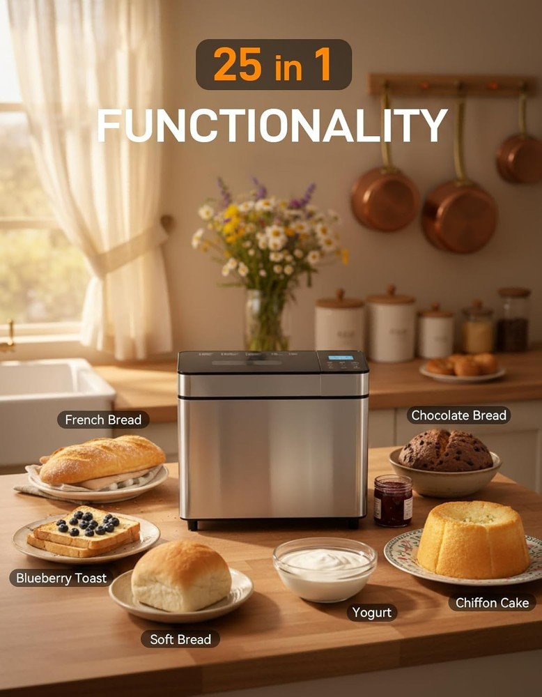 Automatic Bread Maker 2lb, 25-IN-1,Touch Screen, Visible Lid, Auto Nut Dispenser