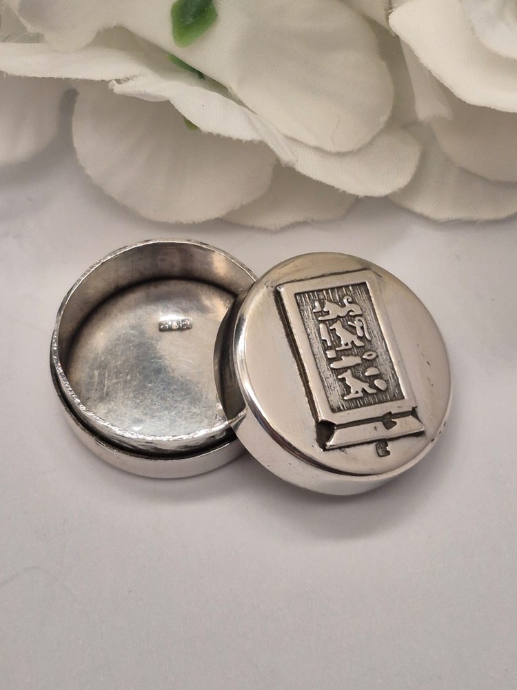Solid Silver Hieroglyphics Pill Box, Egyptian Hallmarks, Unusual