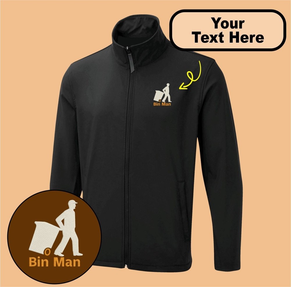 Personalised Embroidered Soft Shell Jacket With Bin Man Logo, Unisex Gift Jacket