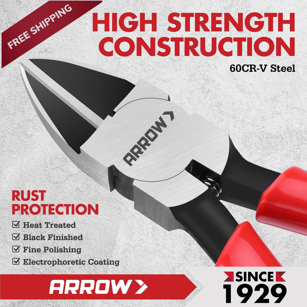 ARROW 7" Precision Wire Cutters - Spring Loaded Side Cutters, 7 Inch, Red
