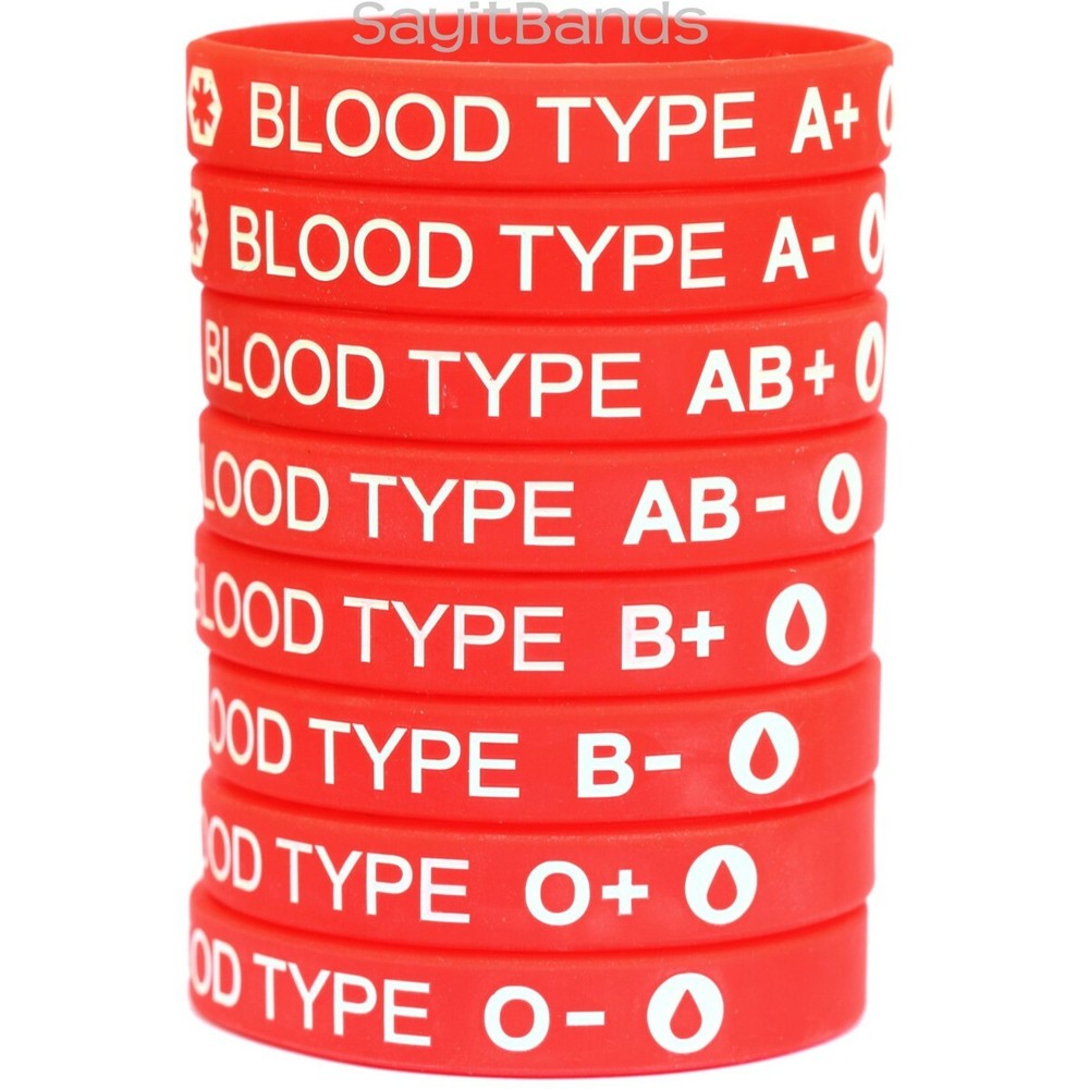 Two (2) Blood Type Silicone Wristband Bracelets - Pick A+ A- B+ B- AB+ AB- O+ O-