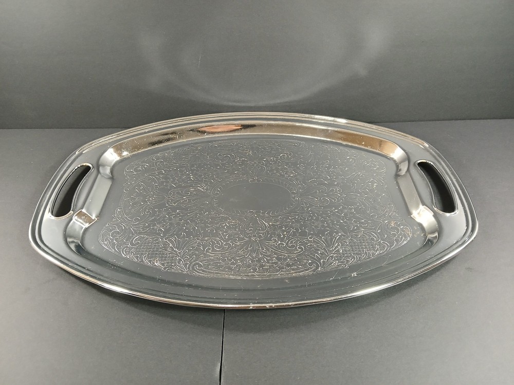 Vintage Chrome-plated Oval Serving Tray w/ Decorative Engraved Ornate Detailing