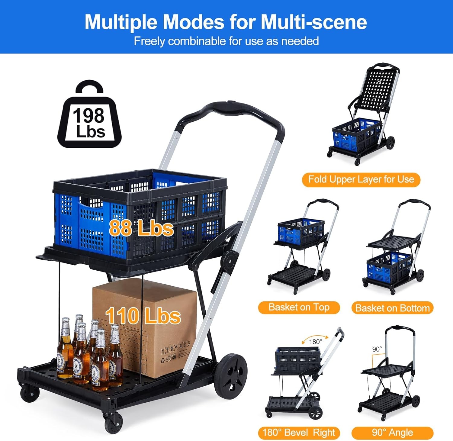Collapsible Shopping Cart with Wheels & Removable Storage Crate for Supermarket