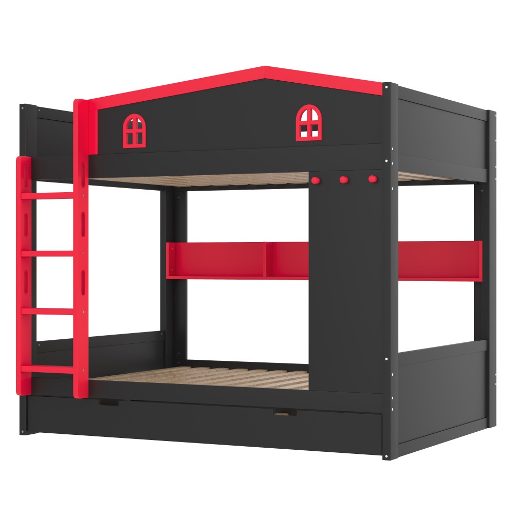 Queen Over Queen Bunk Bed w/ Trundle & Storage, Solid Wood Frame, Black/Red