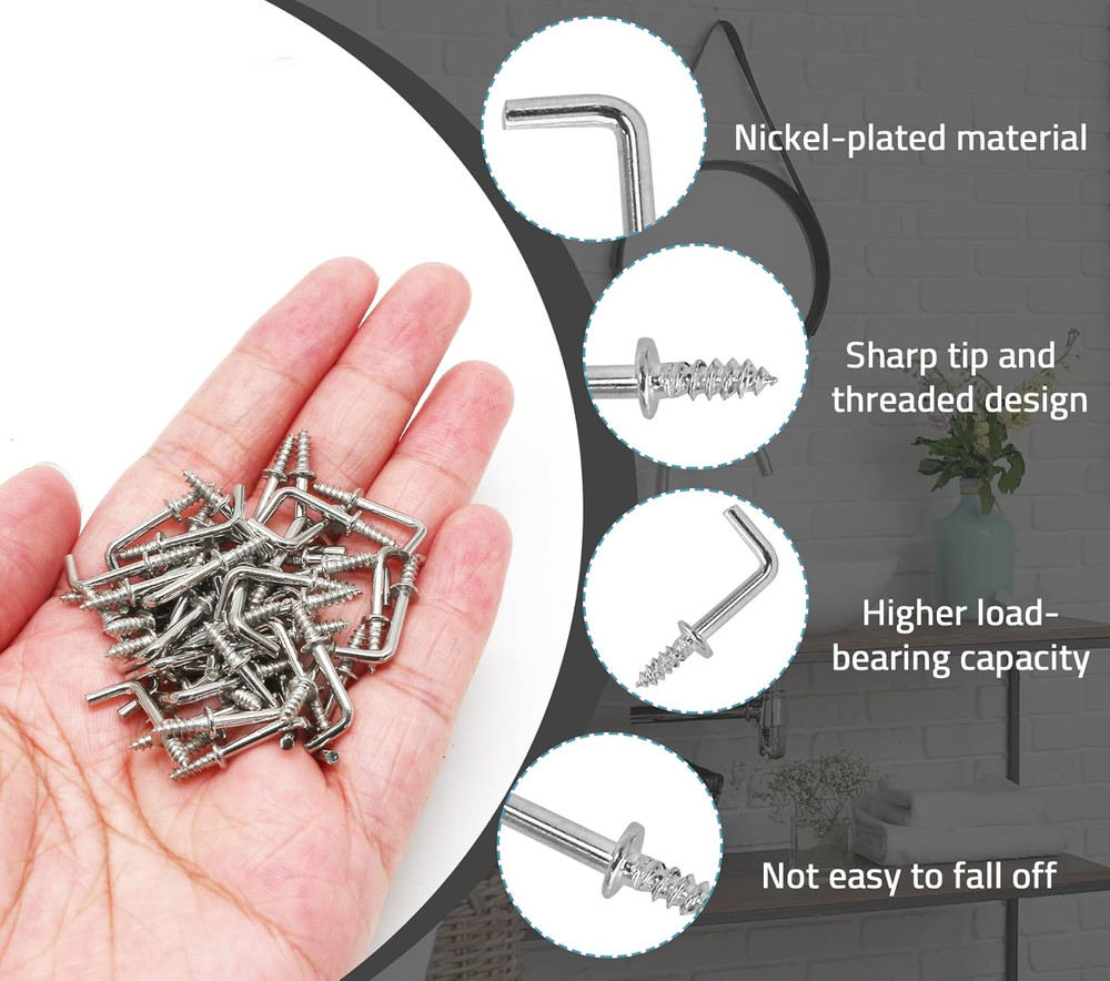 100 Pack 1/2" L Shaped Hooks, Silver Mini Self Tapping Screw Hooks for Hanging