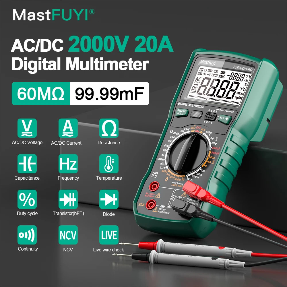 Digital Multimeter 6000 Count AC/DC 2000V/20A True RMS Temperature Tester