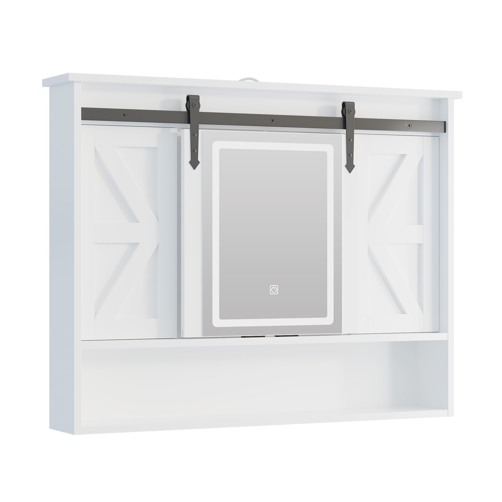 LED Medicine Cabinet Mirror Bathroom Wall Cabinet w/Lights and Sliding Barn Door