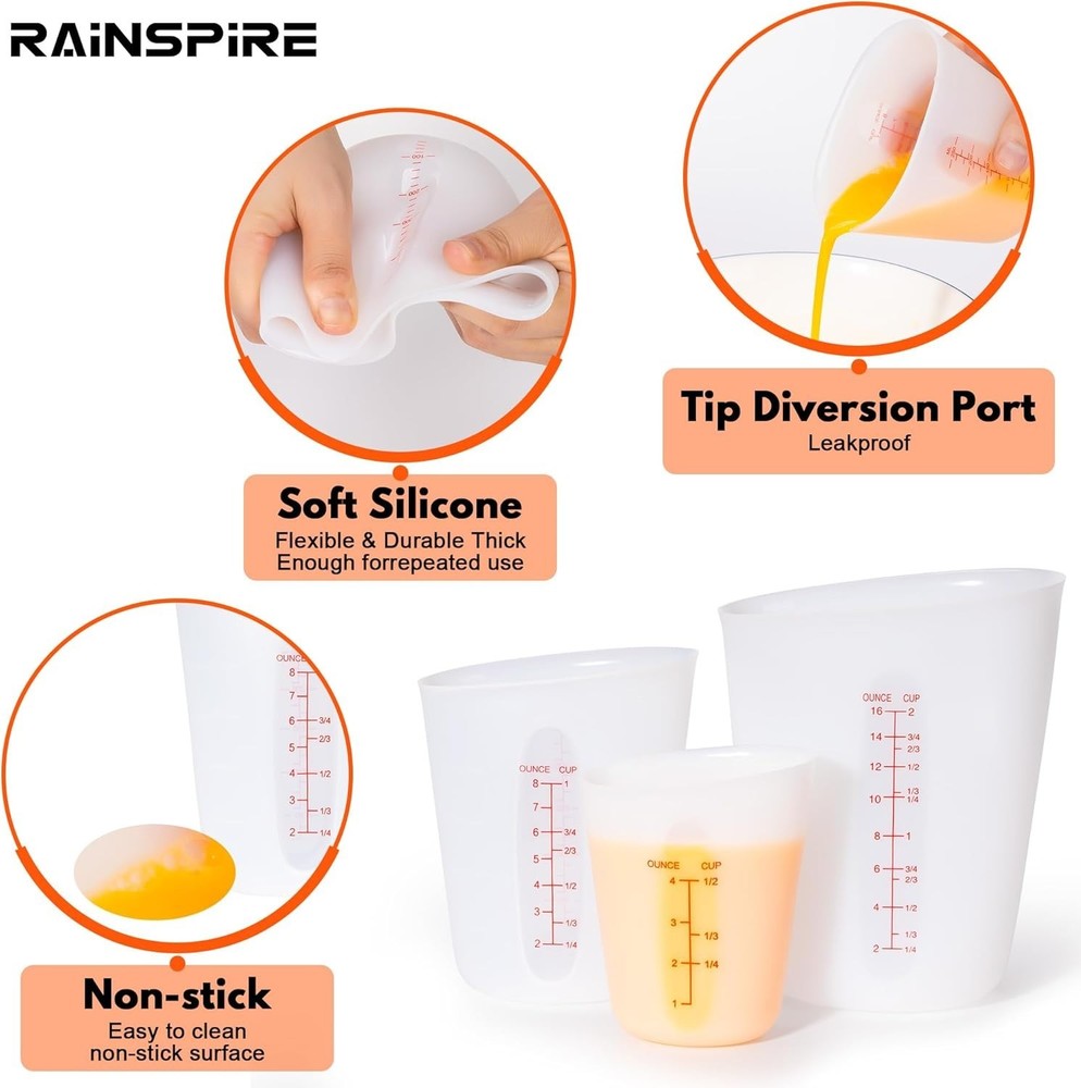 3 Piece Silicone Measuring Cup Sets Squeeze & Pour Liquid Measuring Cups