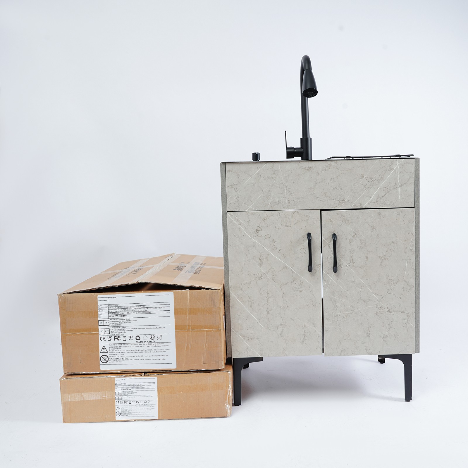 Gray Laundry Stainless Steel Sink with Cabinet + PDraining Basket+Faucet