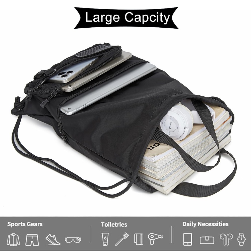 seyfocnia Drawstring Backpack Tactical String Bag with Zipper Pockets Black