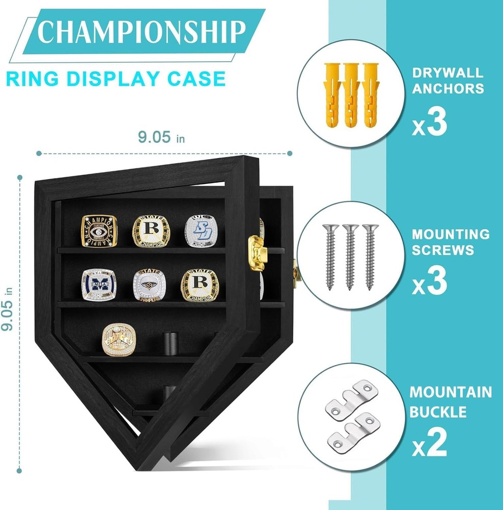 Championship Ring Display Case 12 Posts, Sports Case, Black