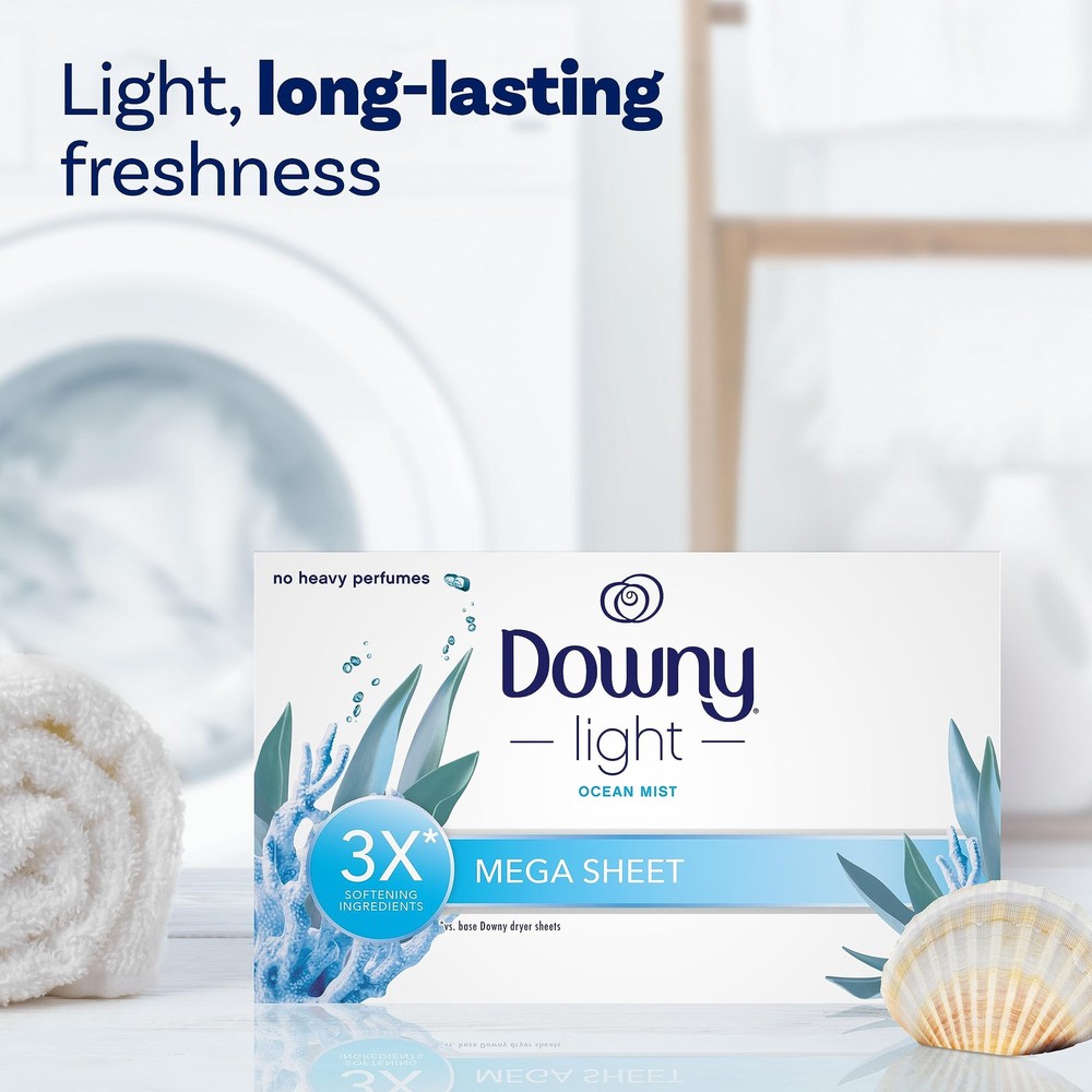 Light Mega Dryer Sheets, Laundry Fabric Softener, Ocean Mist, 130 Count