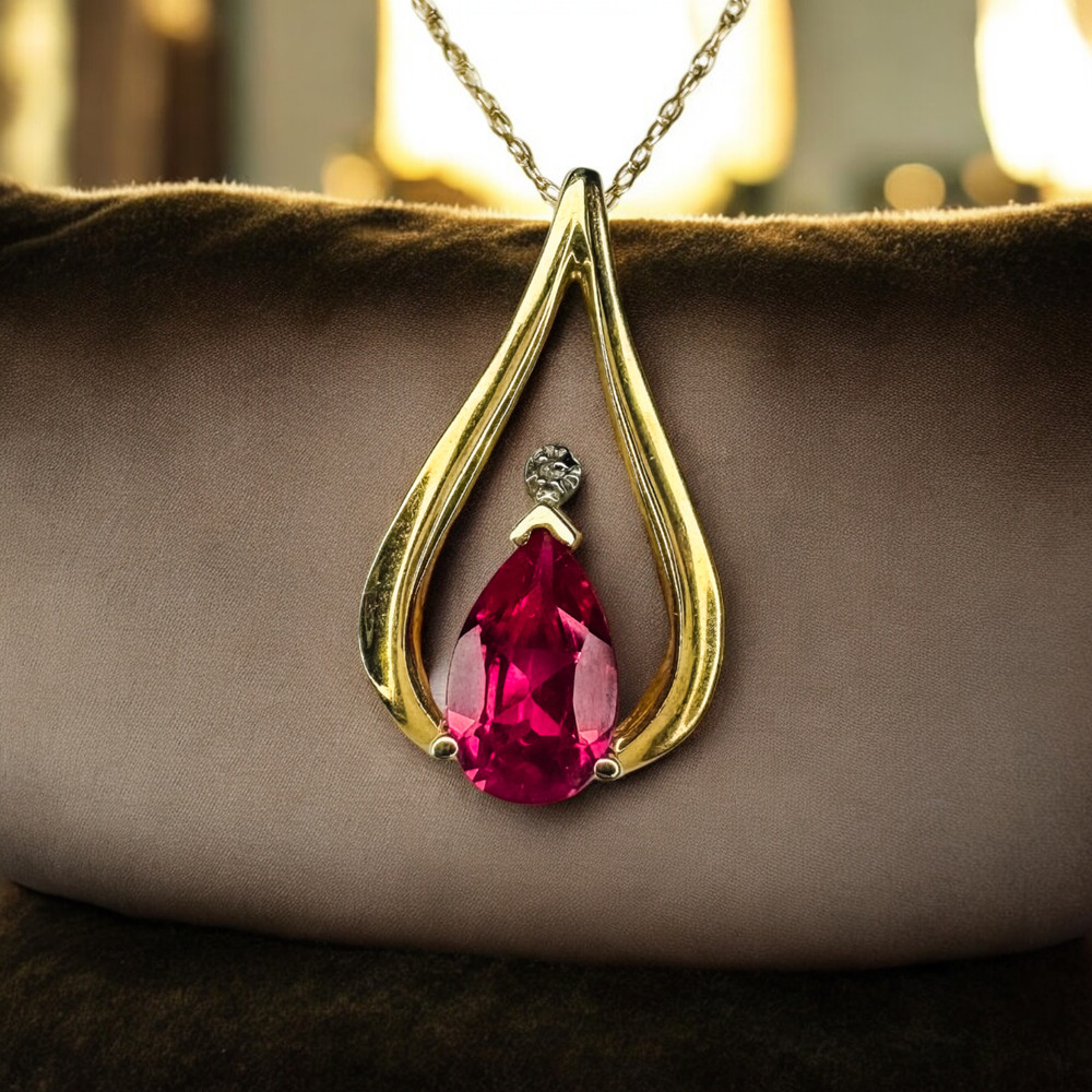 10K Gold Ruby & Diamond Necklace -18" Pear Cut Ruby Teardrop Pendant -1.6g